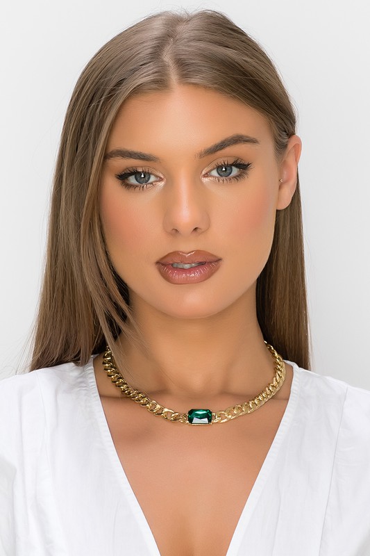 Emerald Baguette Gold Necklace