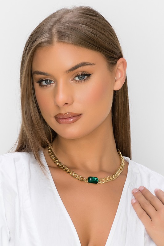 Emerald Baguette Gold Necklace